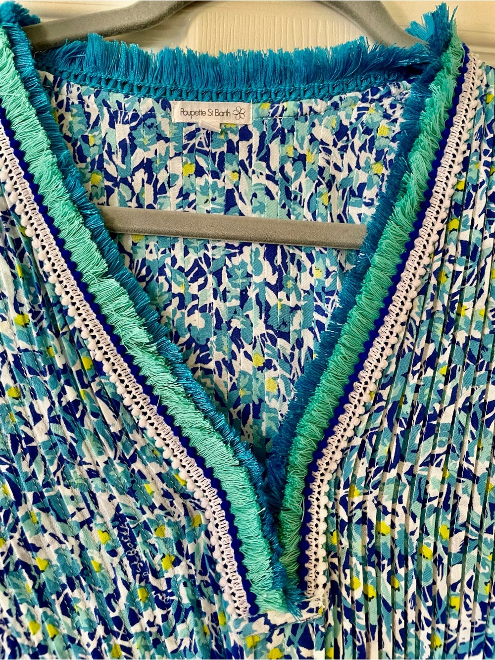 Poupette St Barth Blue Floral Pleated Tunic Cover Up Crochet Trim - Picture 5 of 7